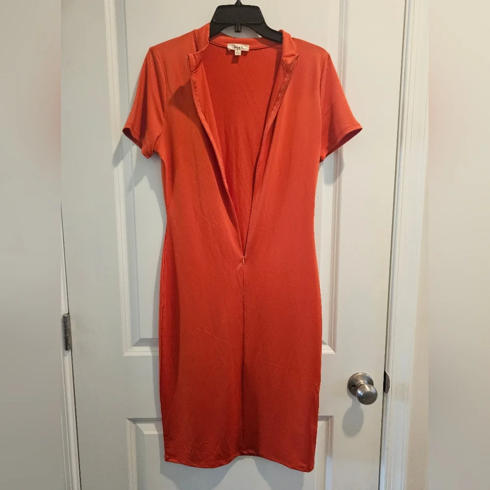 Women's szL Elegant Orange Zippered Midi Dress Body Hugging Fall Festival Career